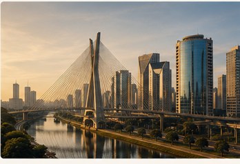 Ponte estaiada e horizonte de São Paulo ao entardecer